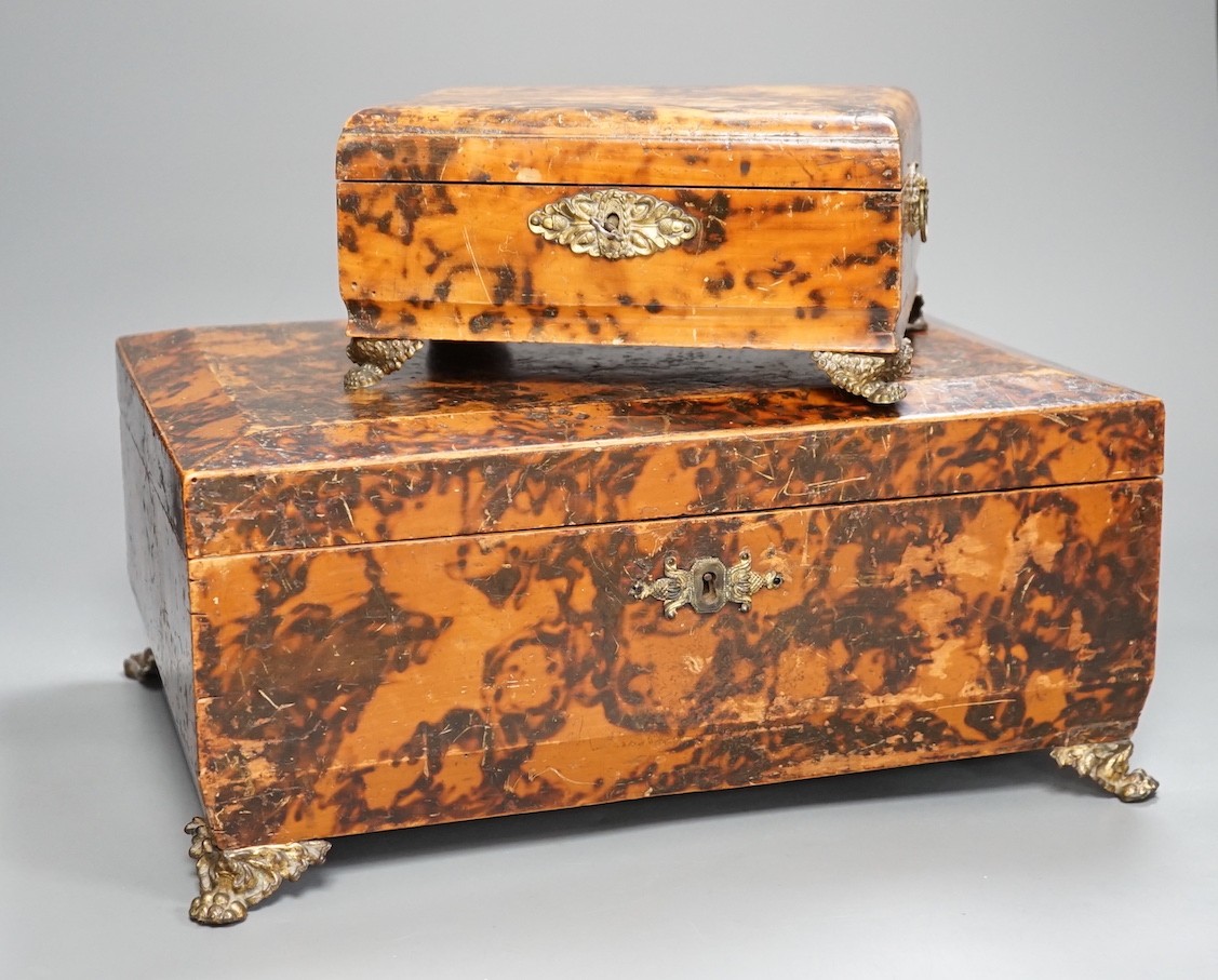 Two William IV simulated tortoiseshell pokerwork sewing boxes - largest 35.5cm wide, 15.5cm tall, 26cm deep